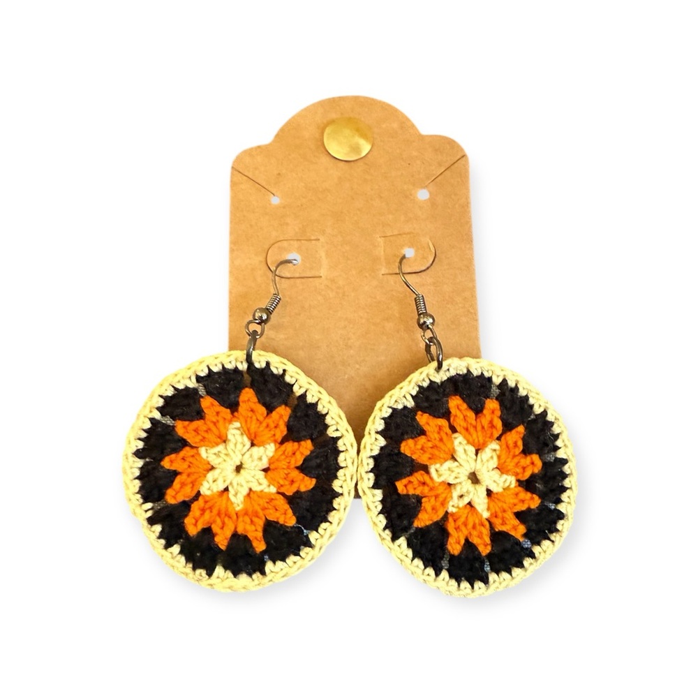 Hand Crafted Vibrant Crochet Earrings - Black, Orange, Yellow